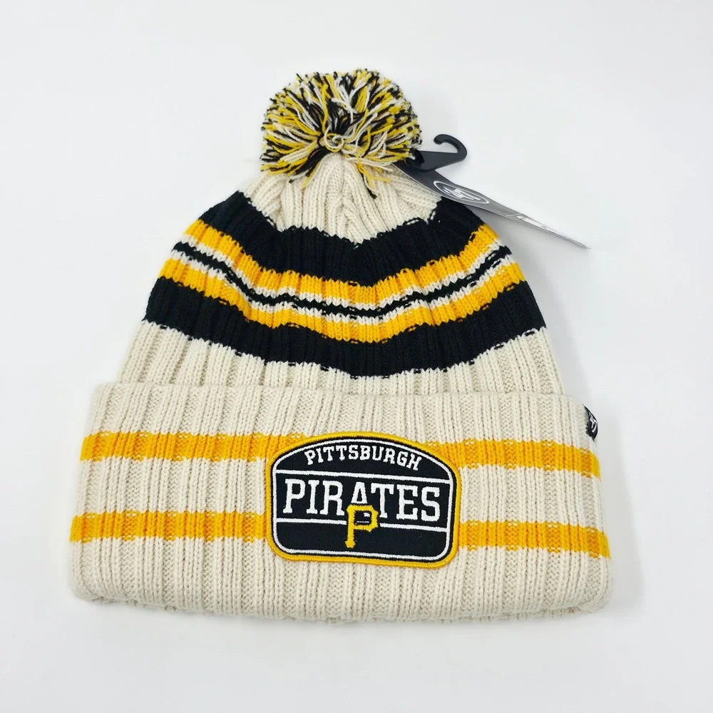 '47 Brand Pittsburgh Pirates MLB Cuff Knit Beanie Cap Hone Patch Natural Pom Hat